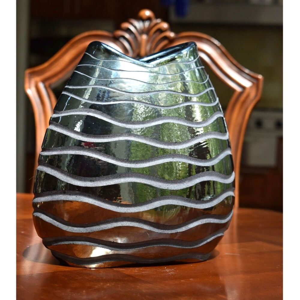 Iridescent Metallic Ceramic Vase Wave Bands Organic Form Teal Amber Bronze - 9"